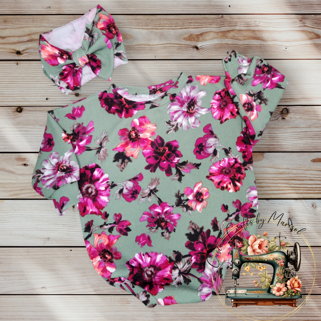 Olive Green and Fuscia sweater romper and headwrap