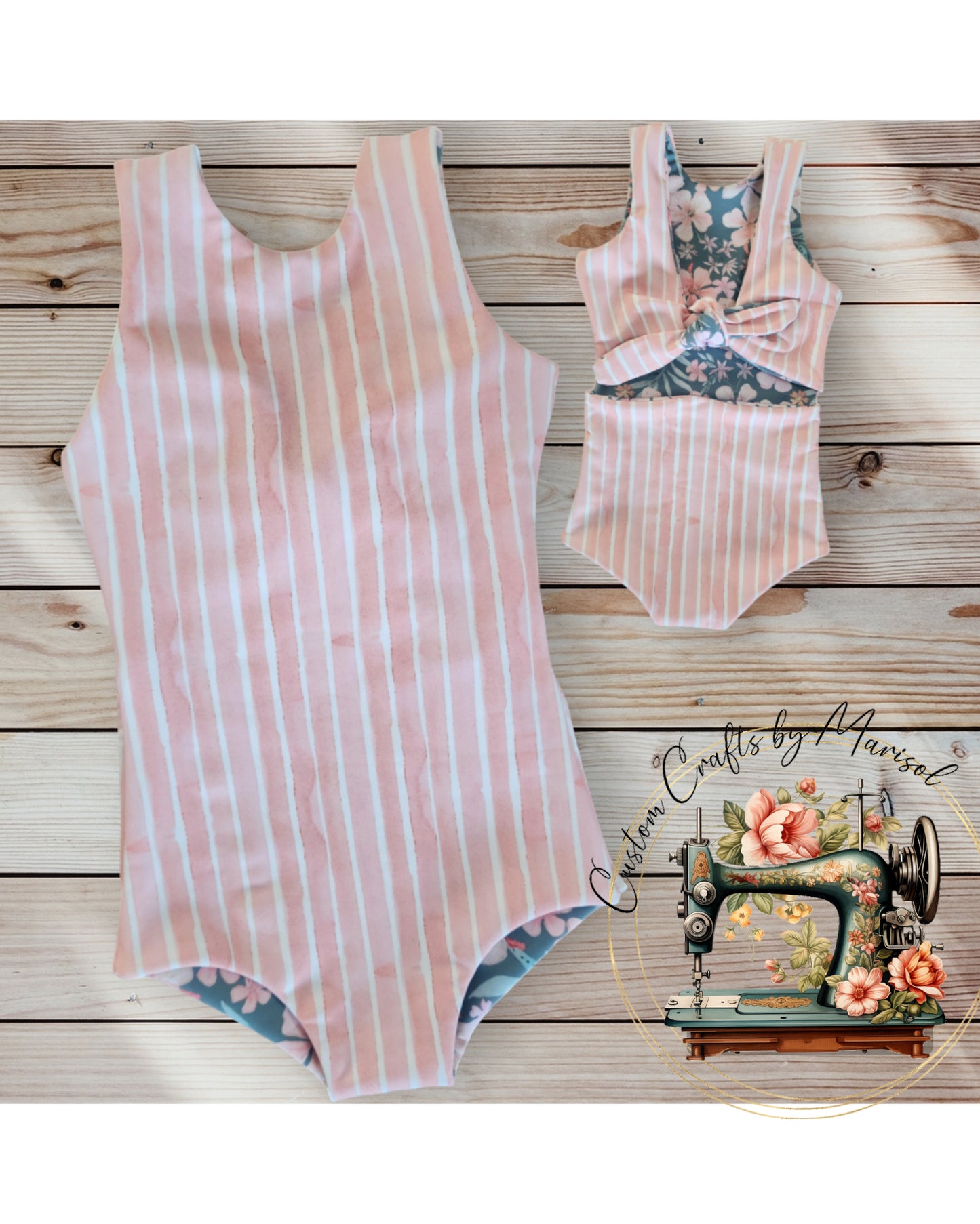 RTS Size 3T Flower Garden and Peach Stripes Reversible Tie Back Swimsuit