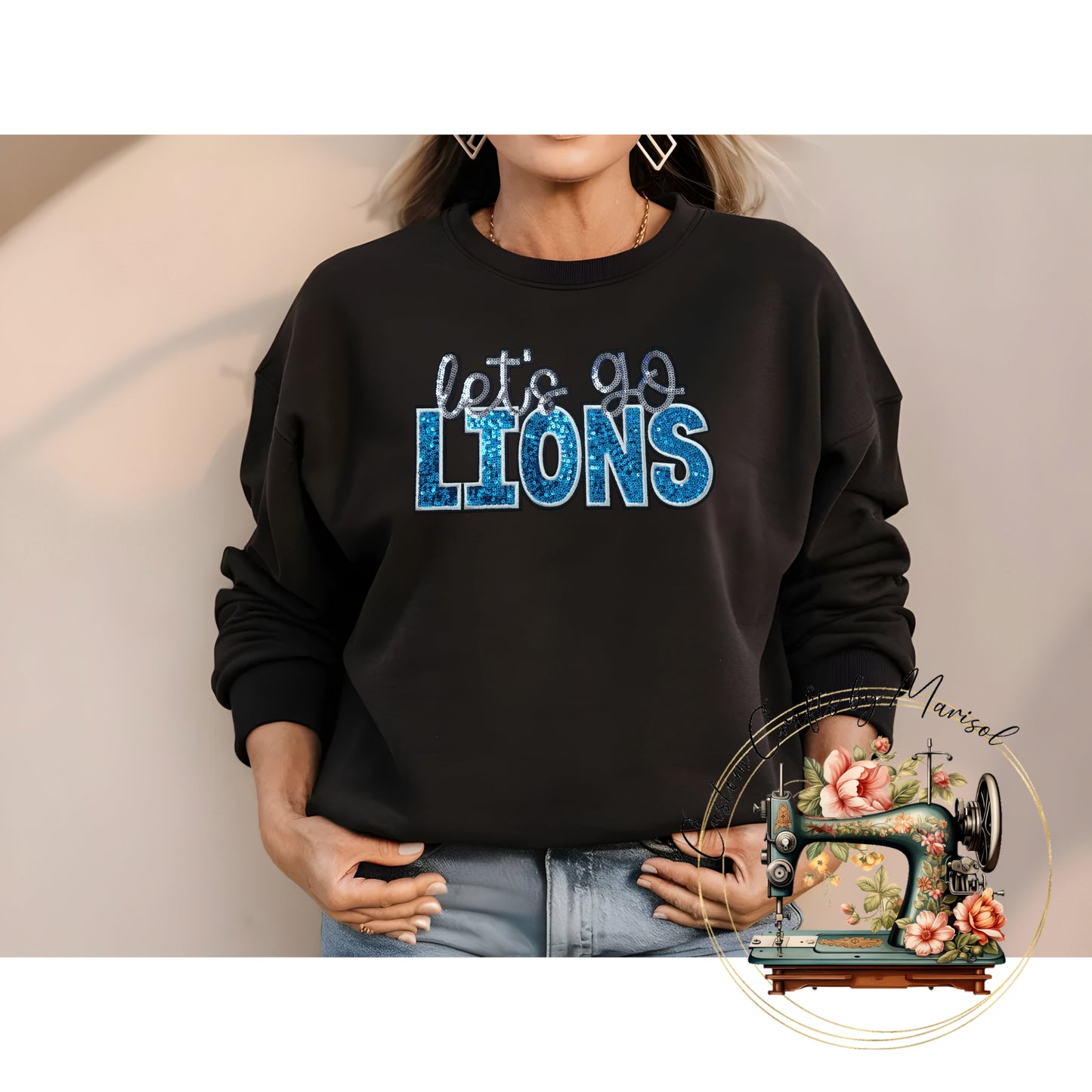 Let's Go Lions Sequin Patch Crewneck Sweatshirt Various Colors