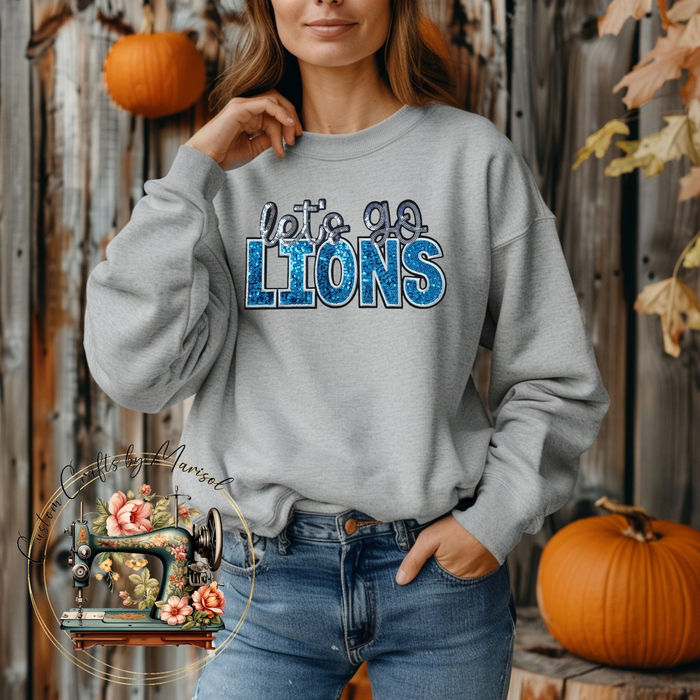 Let's Go Lions Sequin Patch Crewneck Sweatshirt Various Colors