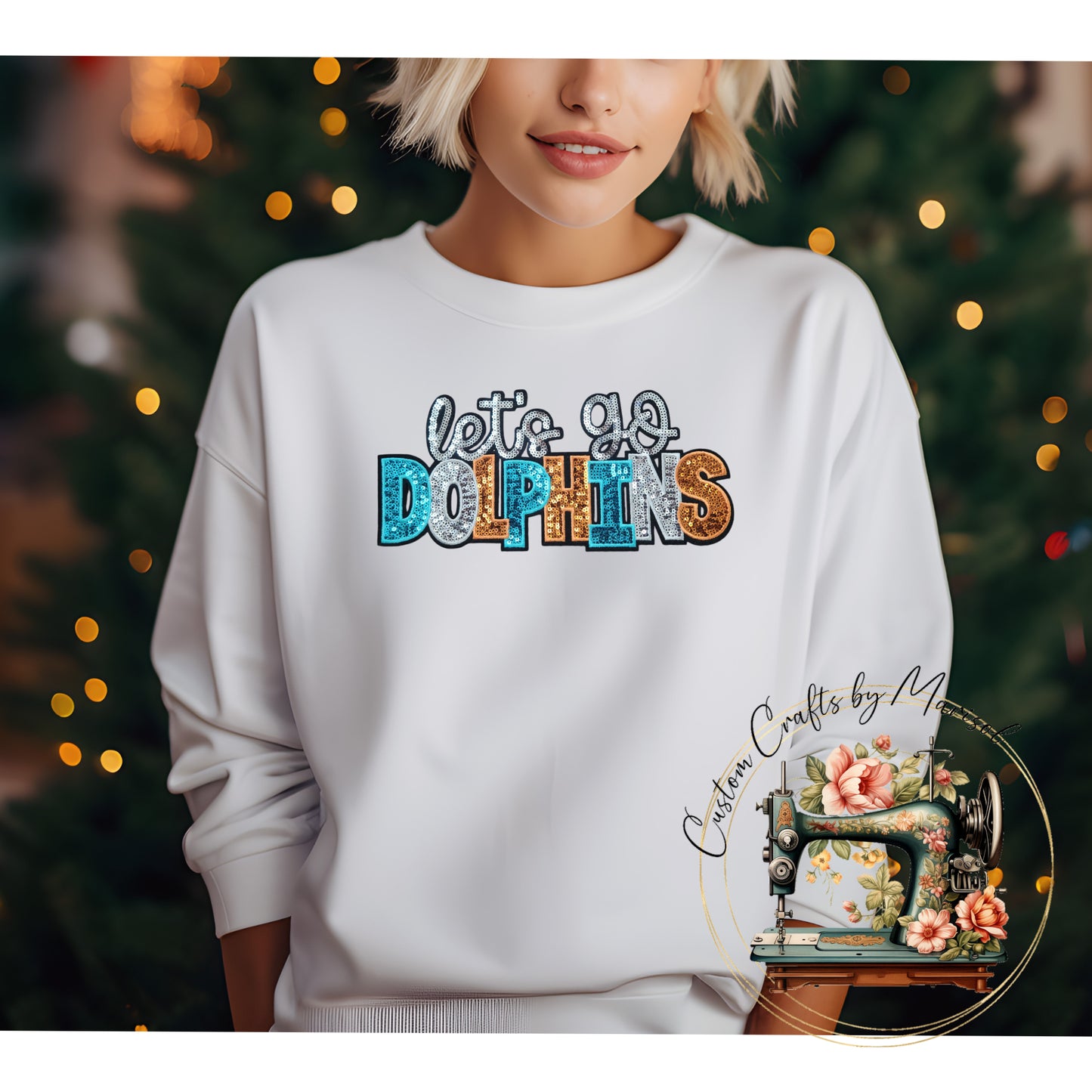 Let's Go Dolphins Sequin Patch Crewneck Sweatshirt Various Colors
