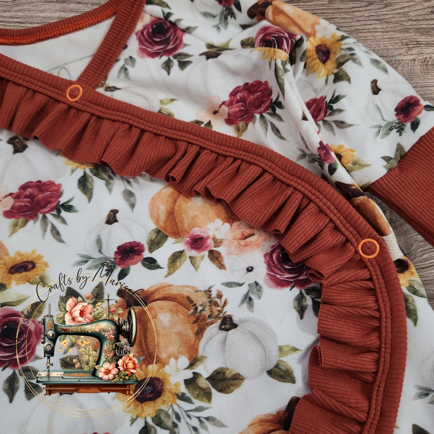 3-6M Ruffled Baby East Romper in Pumpkin Bouquet Print with Chuncky Knot Headband