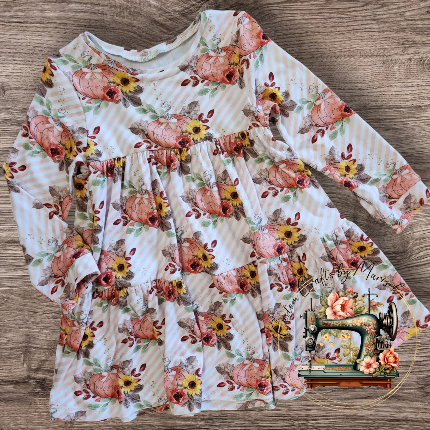 3T Pumpkins and Sunflowers on Pink Stripes Tiered Delilah Dress