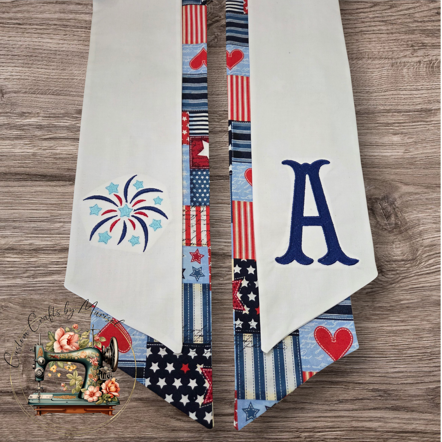 Monogrammed Patriotic Wreath Sash, Single White with Firework and Initial(s)