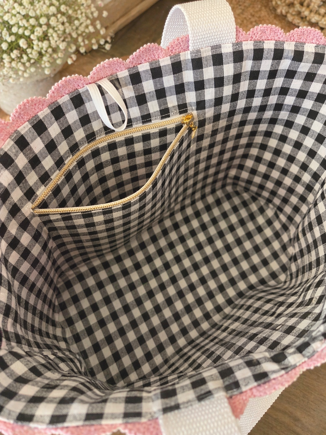 Scalloped Floral and Gingham Tote Bag
