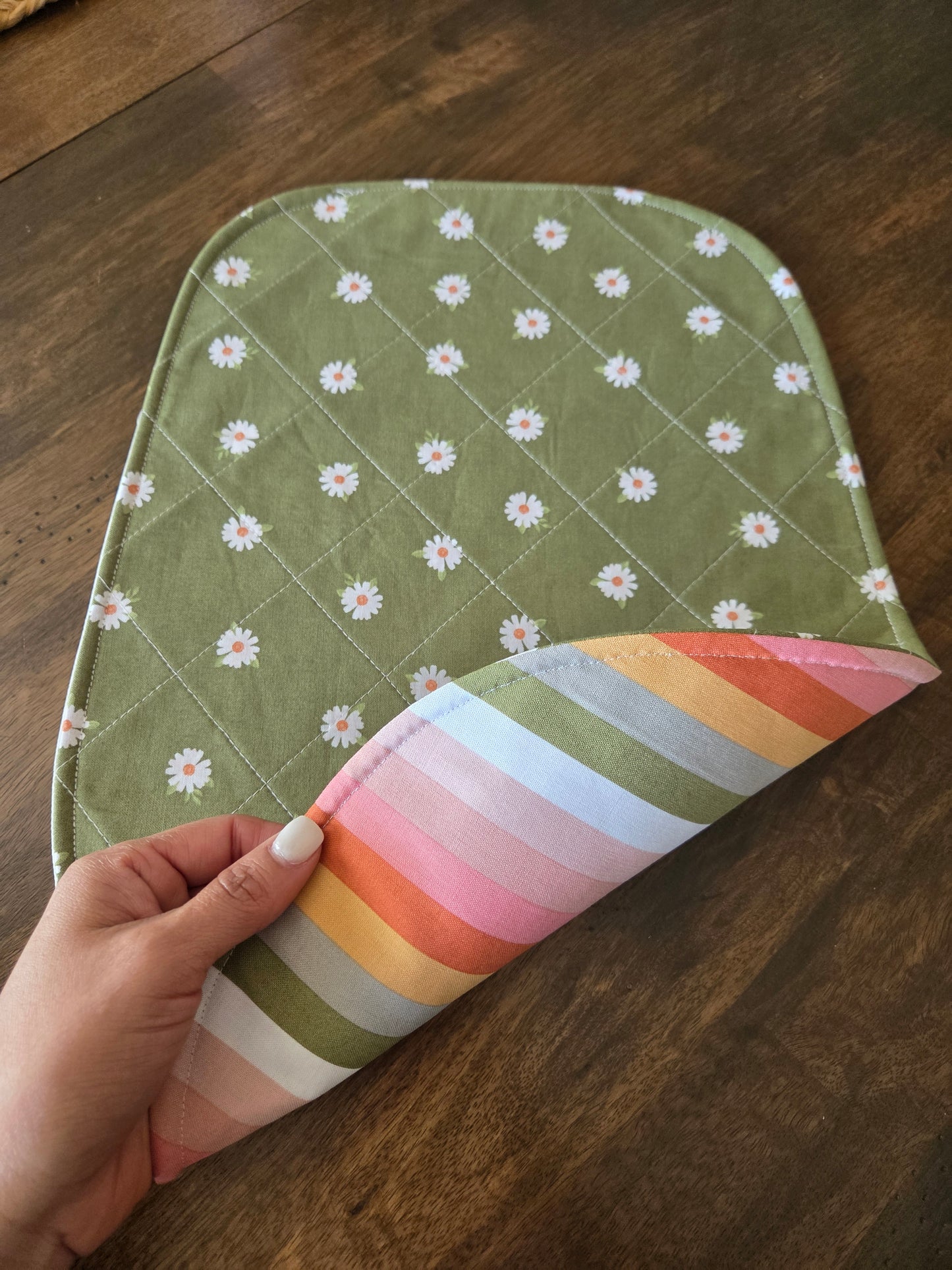 Green Floral and Stripes Reversible Stand Mixer Sliding Mat and Bowl Cover Set