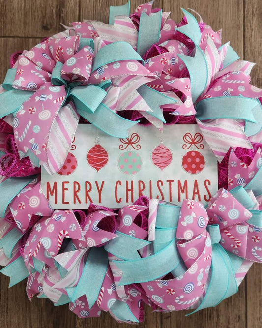 Pink and Aqua Merry Christmas Wreath