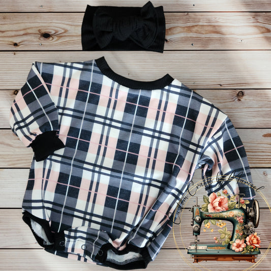 Pink and Black Plaid French terry Sweater Romper and chunk knot headband set, size 9-12 months