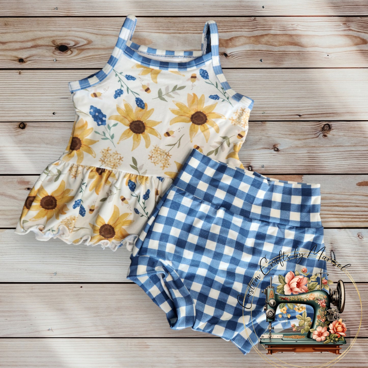 Sunflower and Blue Gingham Summer Cami Peplum and Bummie