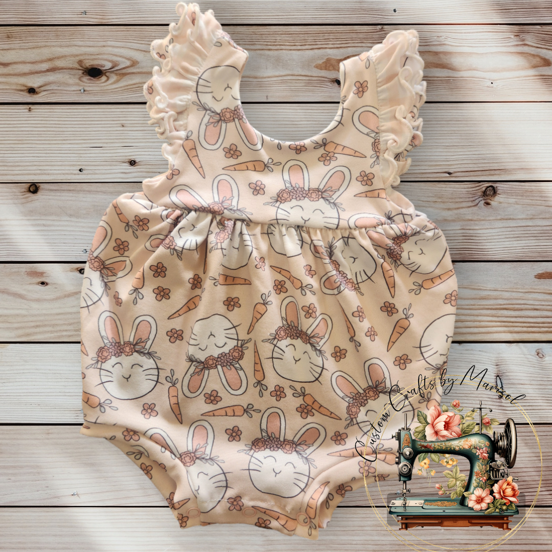 Bunny and dainty flowers ruffle sleeve bubble romper