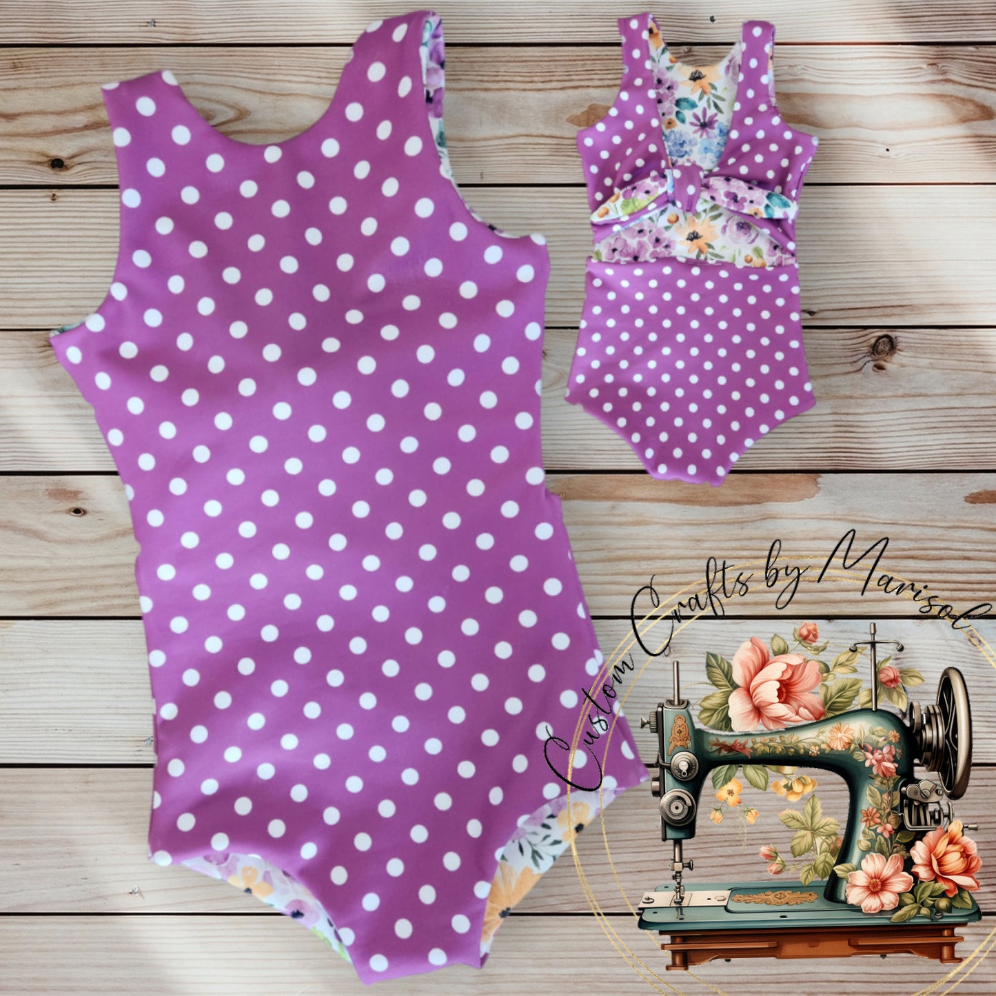 Reversible One Piece Purple Floral and Polka Dots Swimsuit