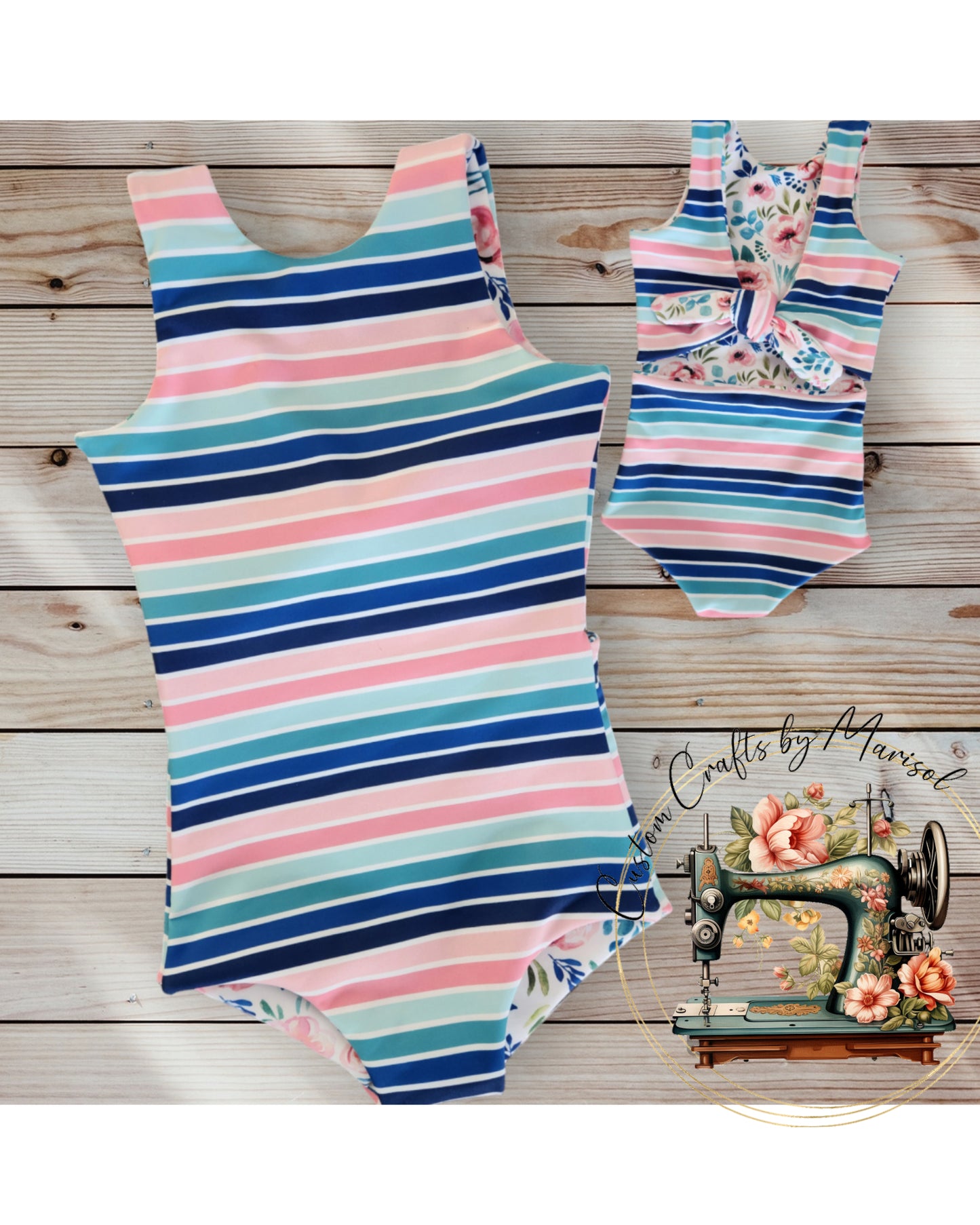 RTS Size 3T Pink Floral and Colorful Stripes Reversible Tie Back Swimsuit