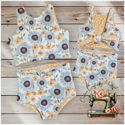 Size 2T Reversible 2pc Sunflowers and Polka Dot Swimsuit