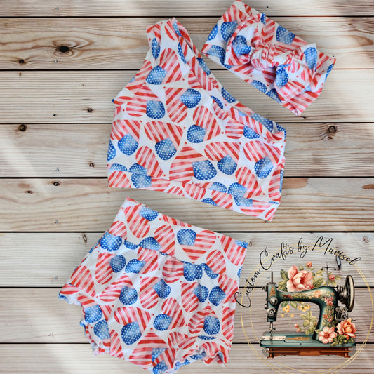 Patriotic Hearts One Shoulder Top and Bummies 3 Pc. Set Size 9-12 months