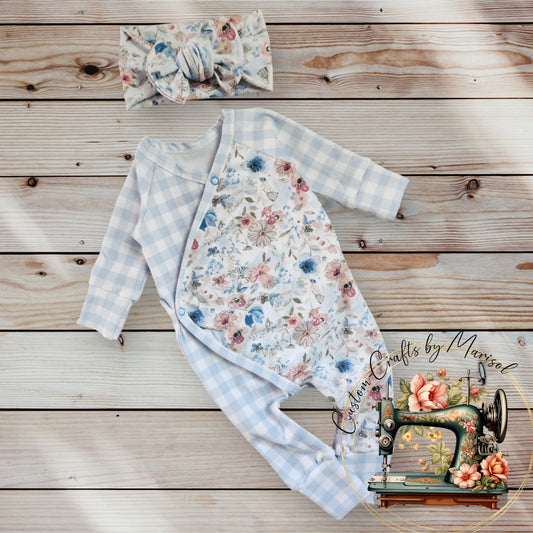 0-3 Months Blue Floral and Gingham Baby East Romper and Chunky Knot Headband