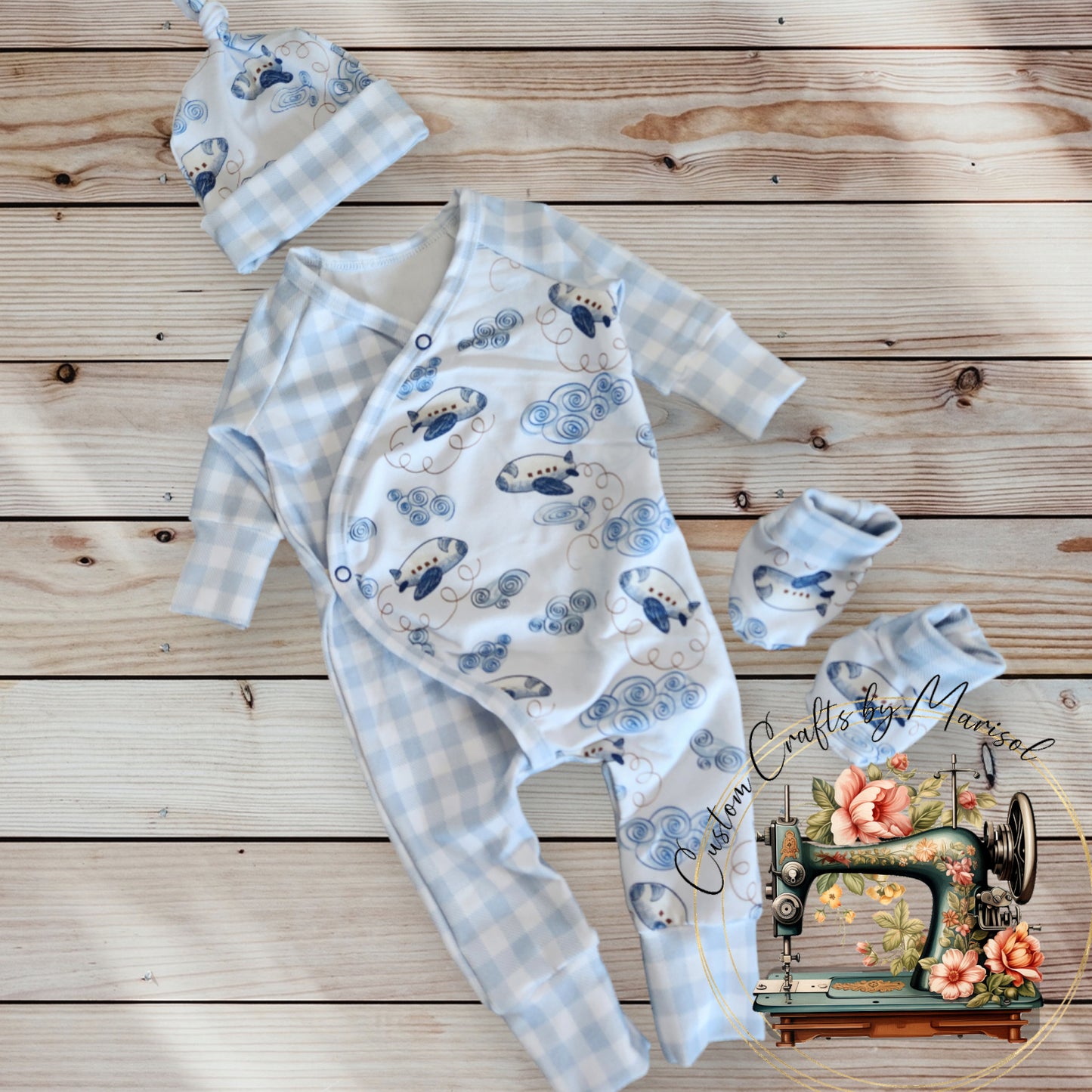 0-3 months airplanes and blue gingham Baby East Romper with hat and booties