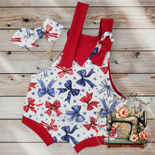 Patriotic Bows Knotted Overalls and Nylon Headband