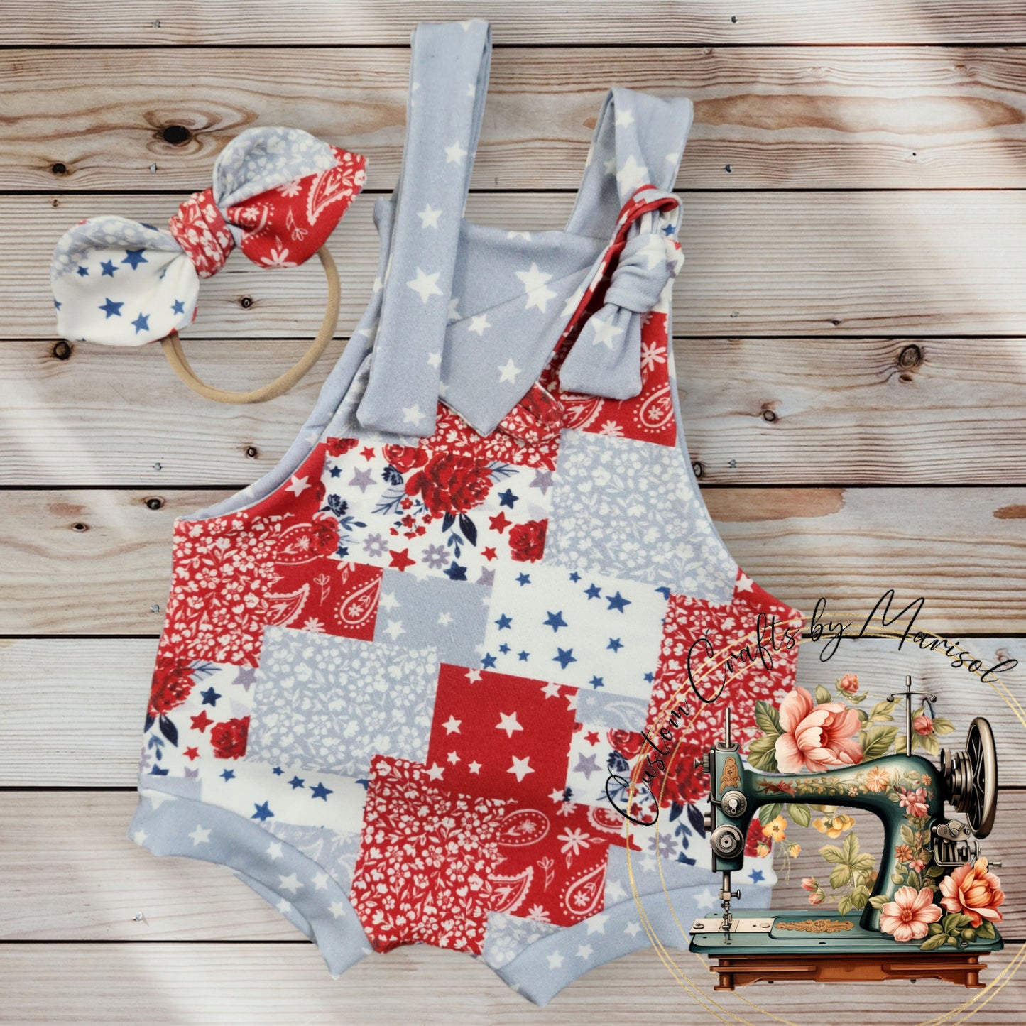 Liberty Patchwork Knotted Overalls and Nylon Headband