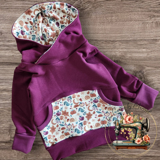 Grow With Me Hoodie in Mulberry and "Autumn Forest Floor"