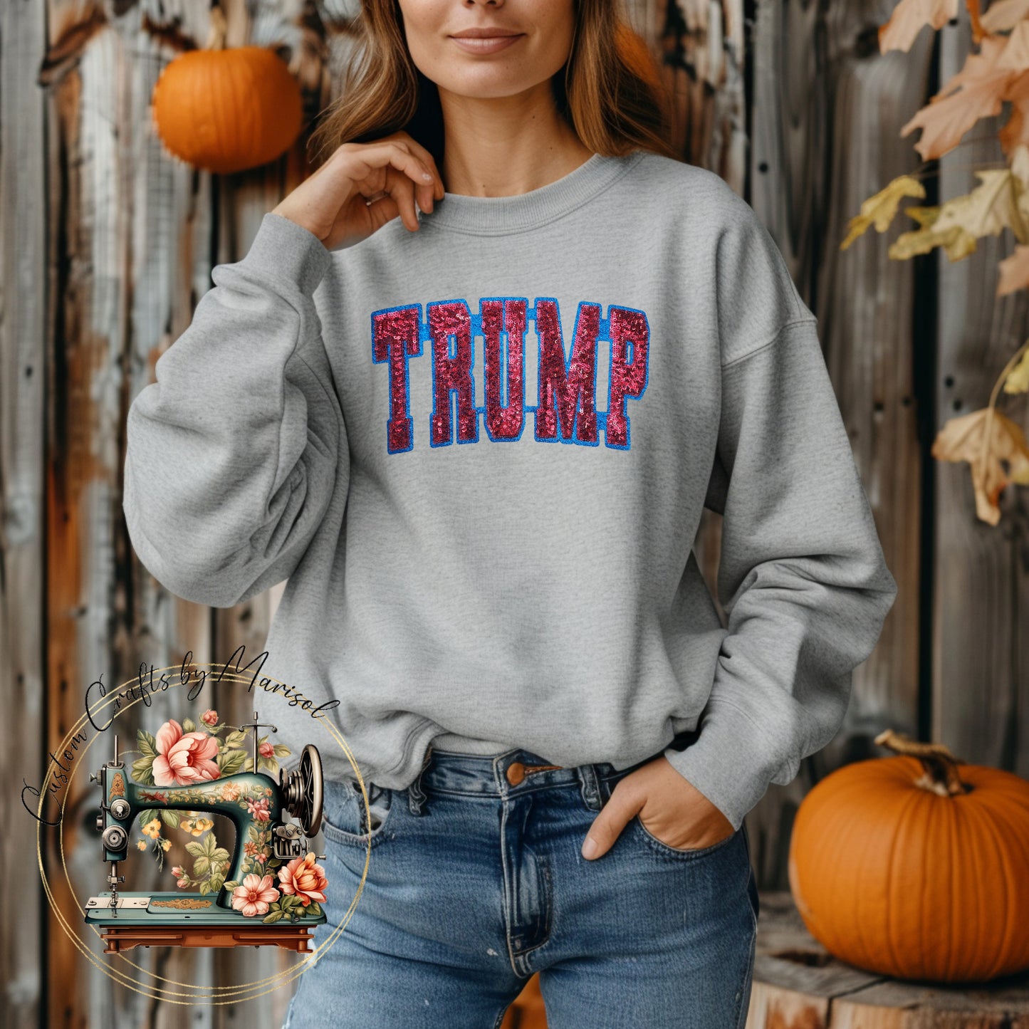 Trump Sequin Patch Crewneck Sweatshirt Gray, White or Black