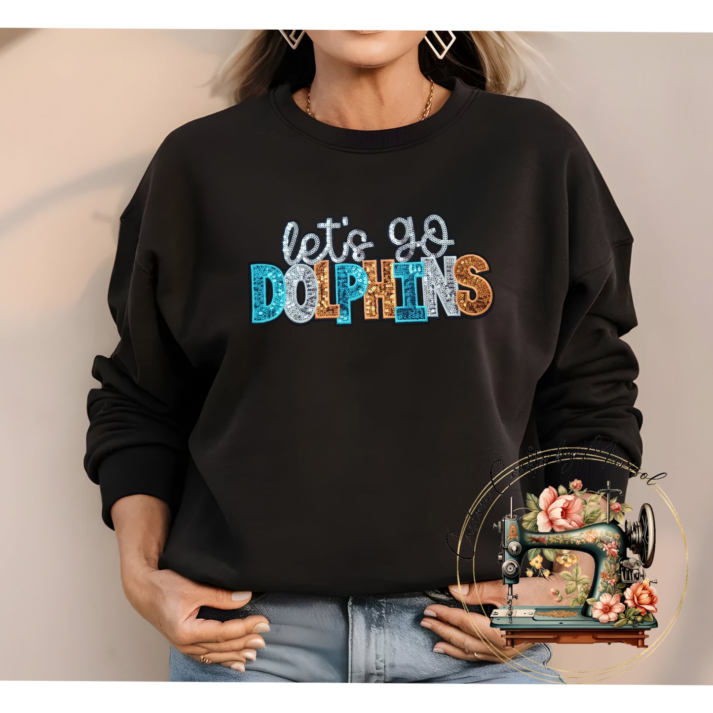 Lets Go Dolphins Sequin Patch Crewneck Sweatshirt Various Colors