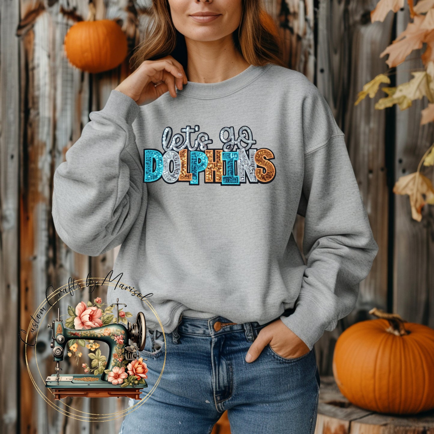 Lets Go Dolphins Sequin Patch Crewneck Sweatshirt Various Colors