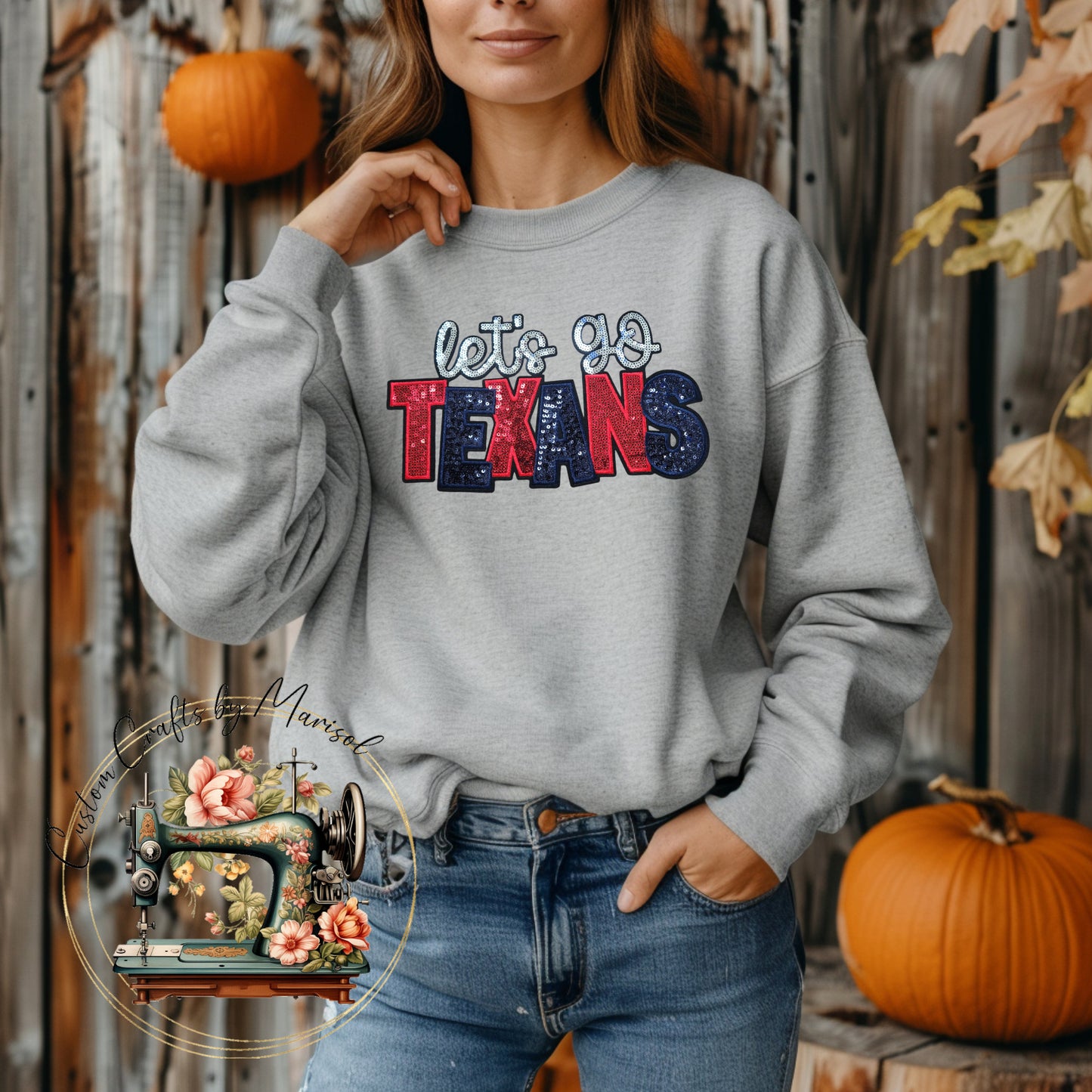 Lets Go Texans Sequin Patch Crewneck Sweatshirt Various Colors