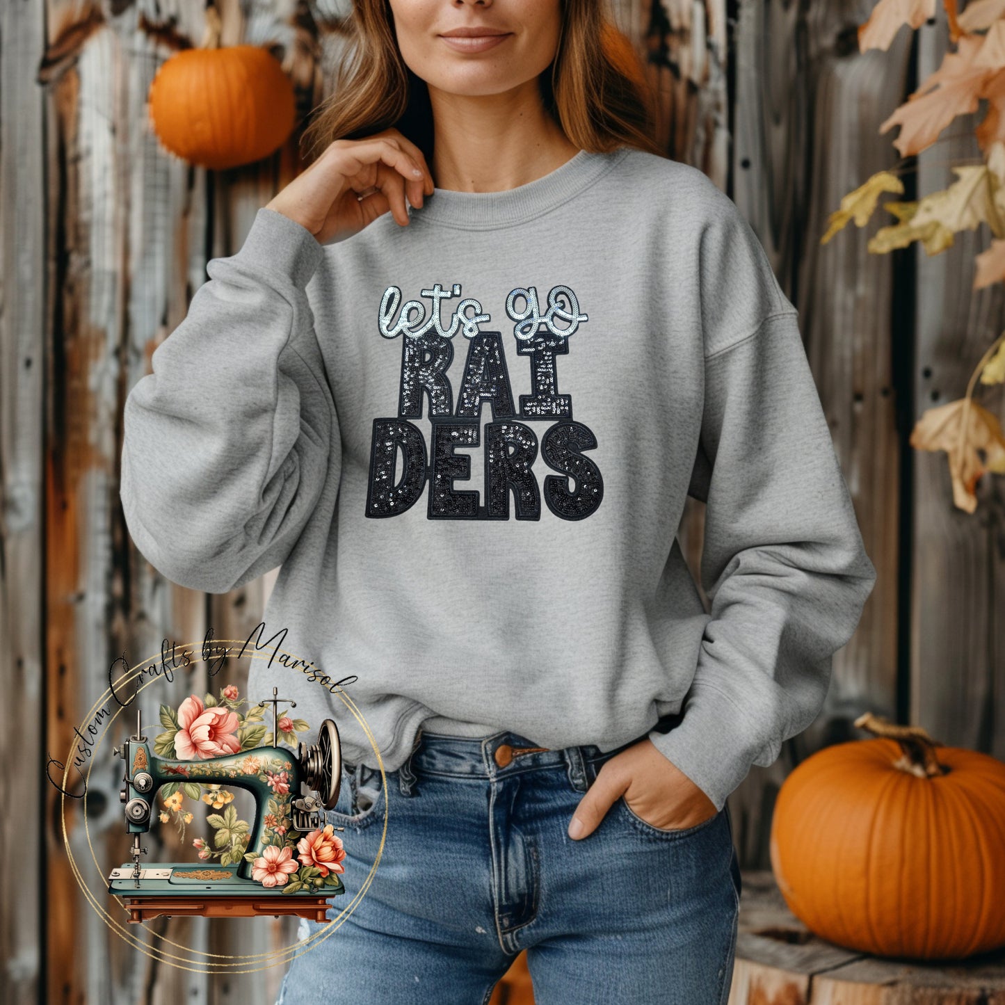 Lets Go Raiders Sequins Patch Crewneck Sweatshirt Various Colors