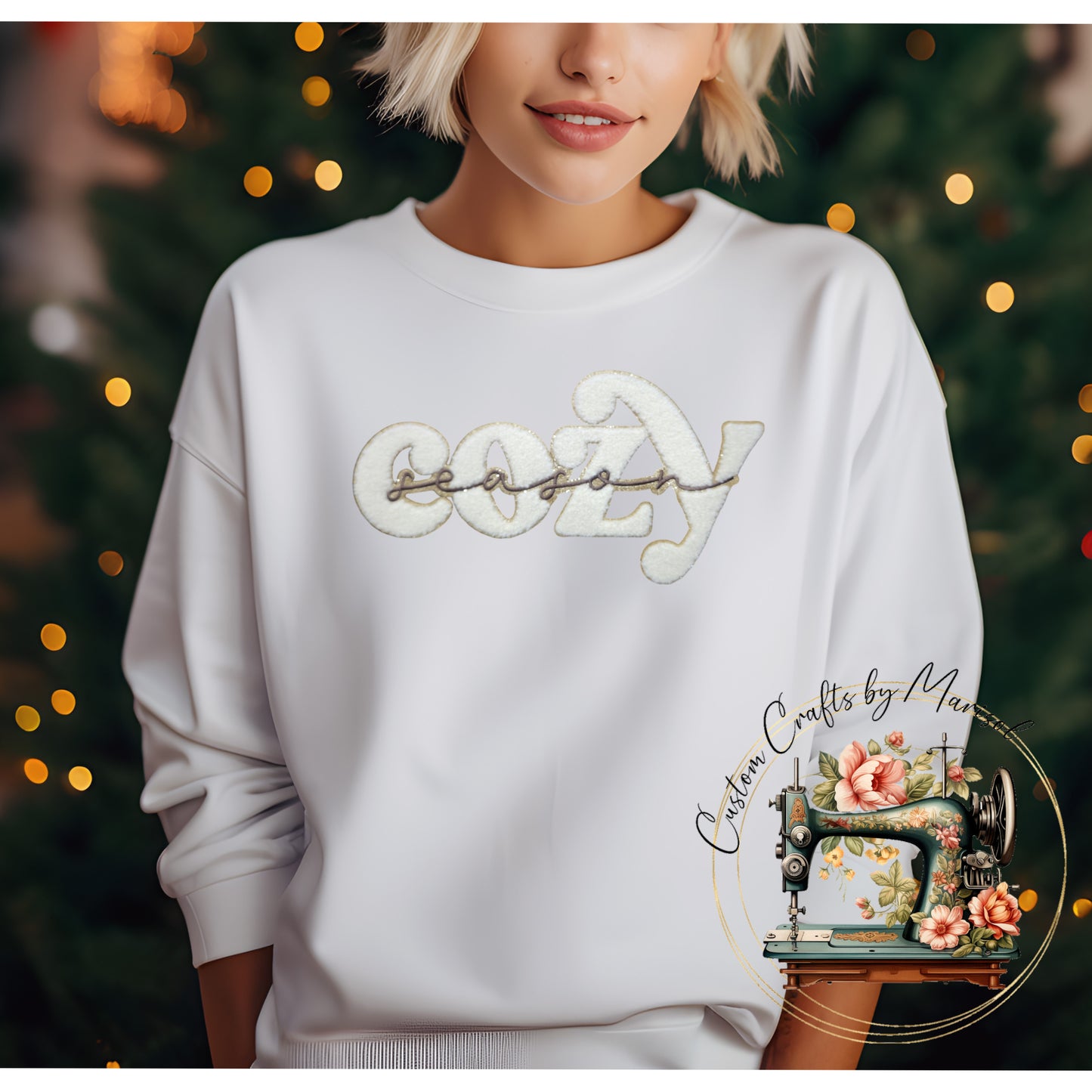 "COZY SEASON" Chenille Glitter Patch Crewneck Sweatshirt Various Colors