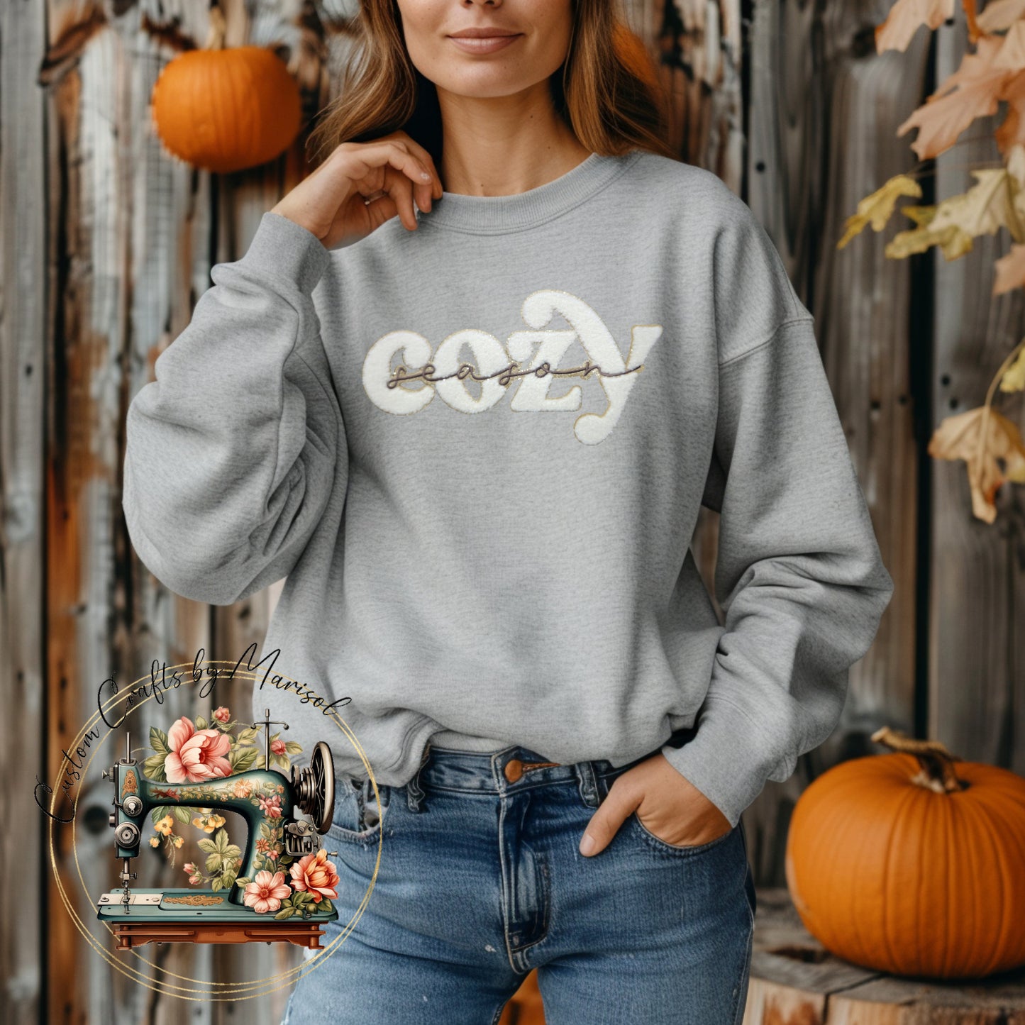 "COZY SEASON" Chenille Glitter Patch Crewneck Sweatshirt Various Colors