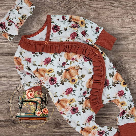 3-6M Ruffled Baby East Romper in Pumpkin Bouquet Print with Chuncky Knot Headband