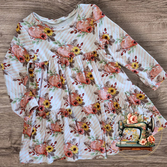 3T Pumpkins and Sunflowers on Pink Stripes Tiered Delilah Dress