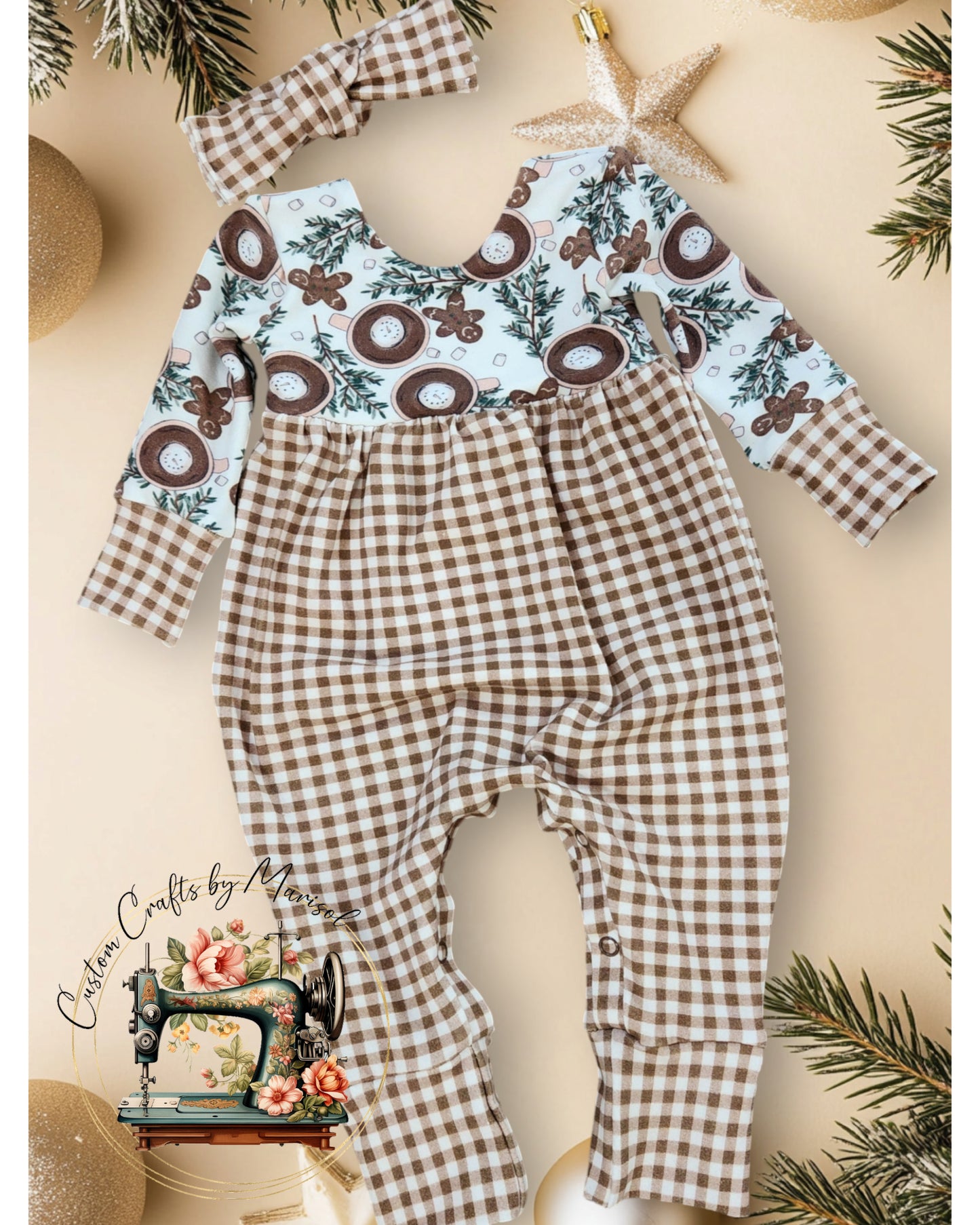 3-6M Hot Cocoa and Gingerbread Cookies Pants Bubble Romper and Headband