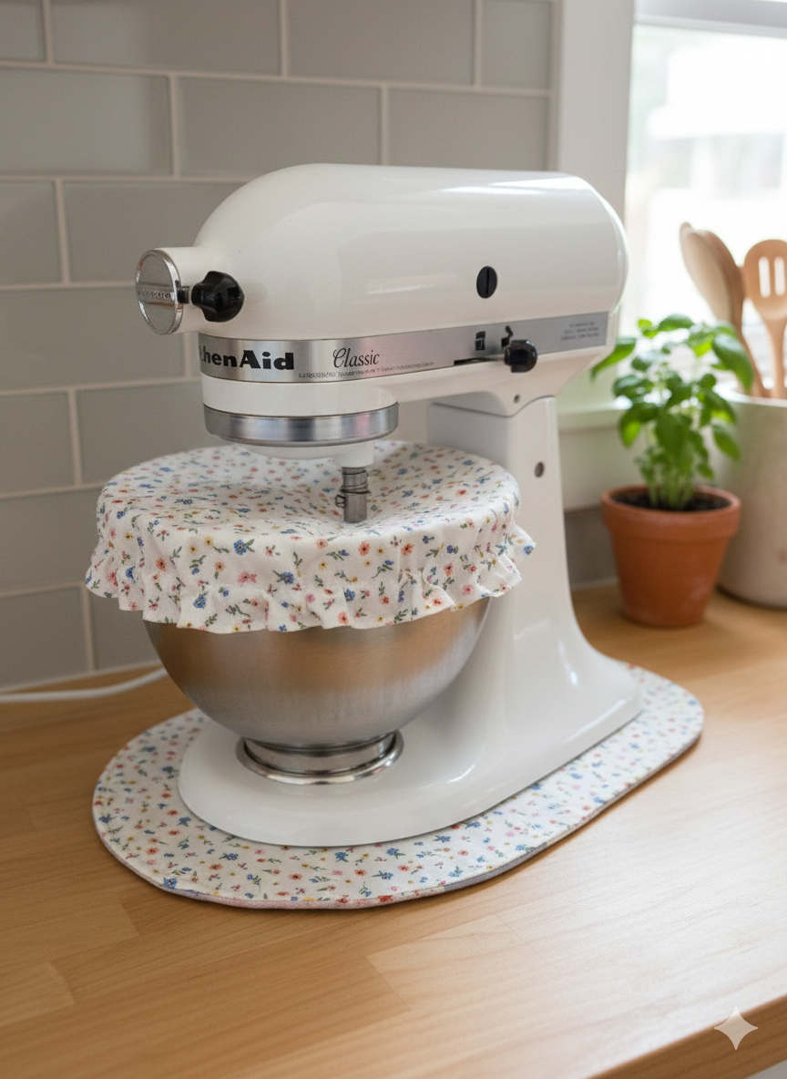 Patchwork and Floral Reversible Stand Mixer Sliding Mat and Bowl Cover Set