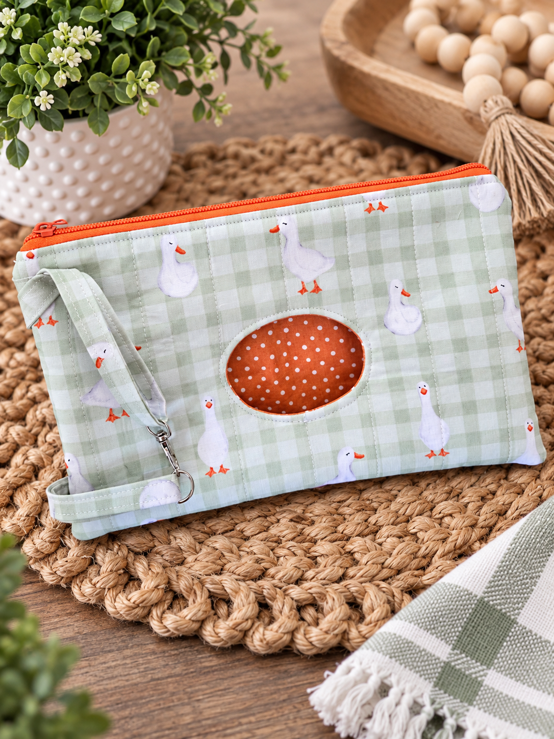 Diaper and Wipe Clutch Green Gingham Ducks