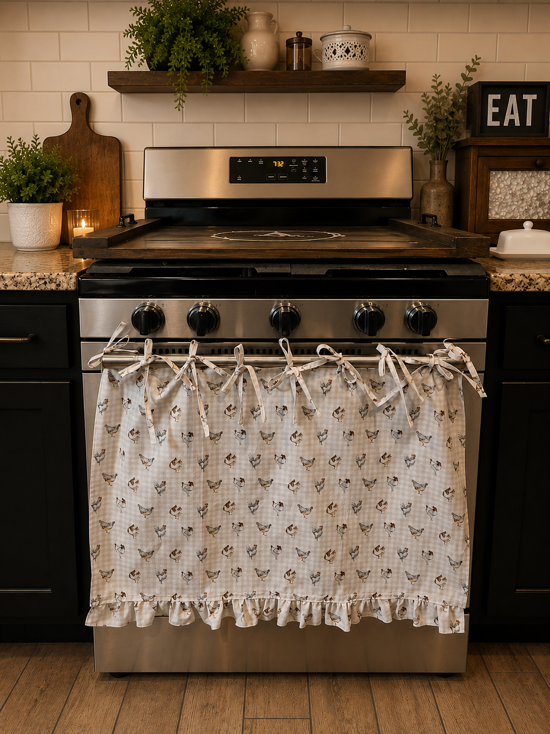 Neutral Farmhouse Chickens Oven Skirt
