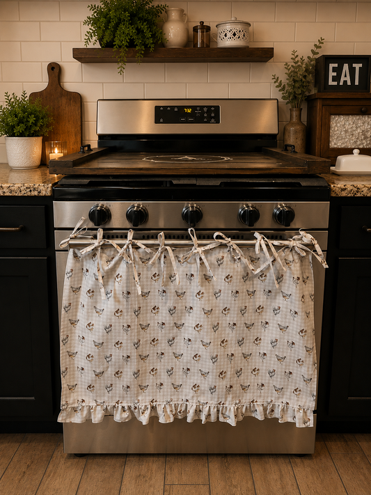 Neutral Farmhouse Chickens Oven Skirt