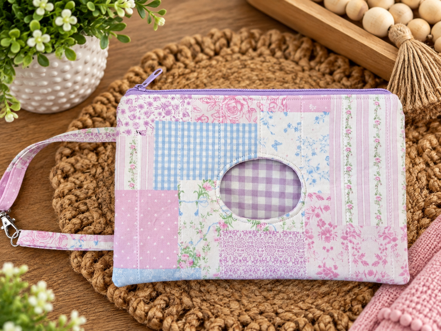 Diaper and Wipe Clutch in Pink Patchwork