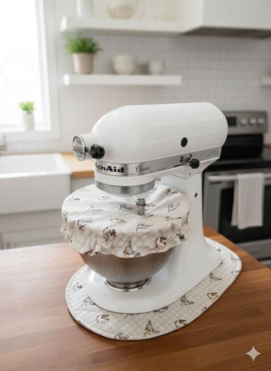 Chickens and Blue Polka Dots Reversible Stand Mixer Sliding Mat and Bowl Cover Set