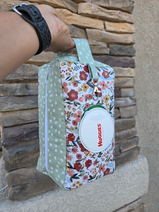 Sage dot and floral diaper and wipe pouch