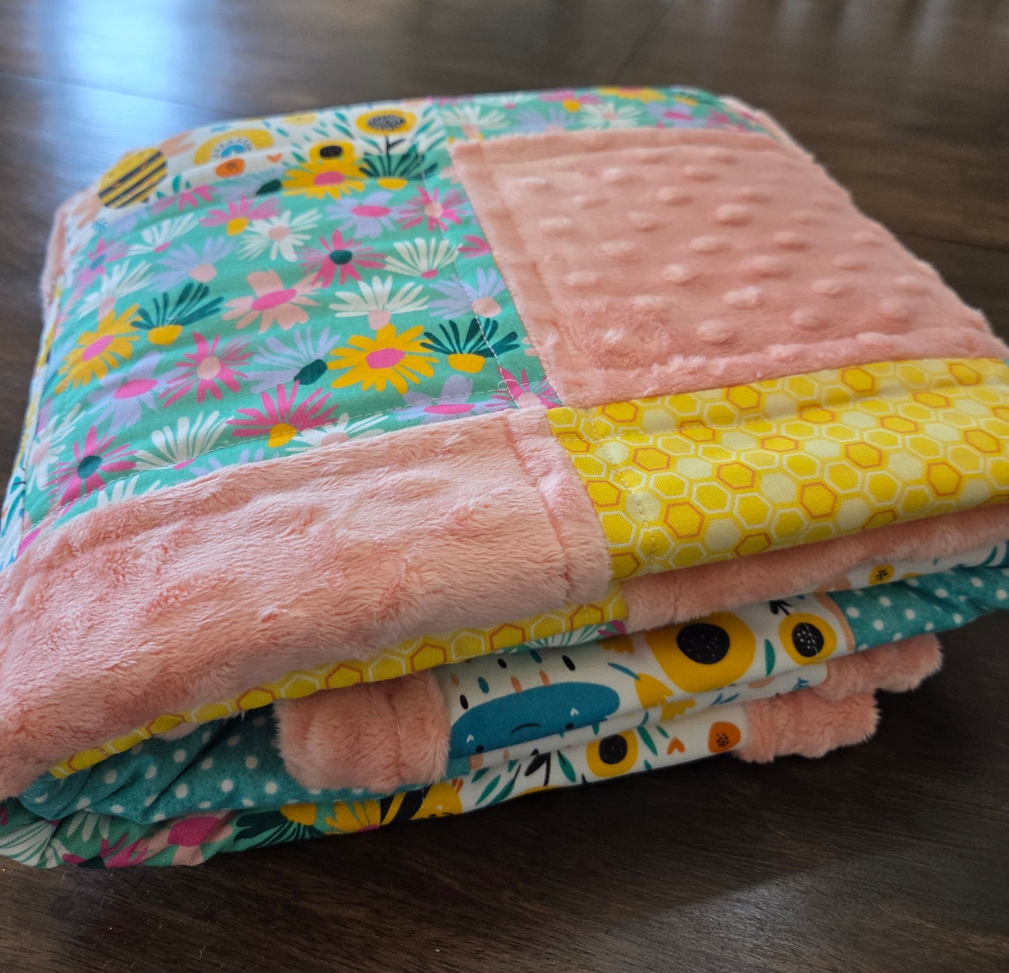 Bees and Flowers Baby Quilt with Minky Back