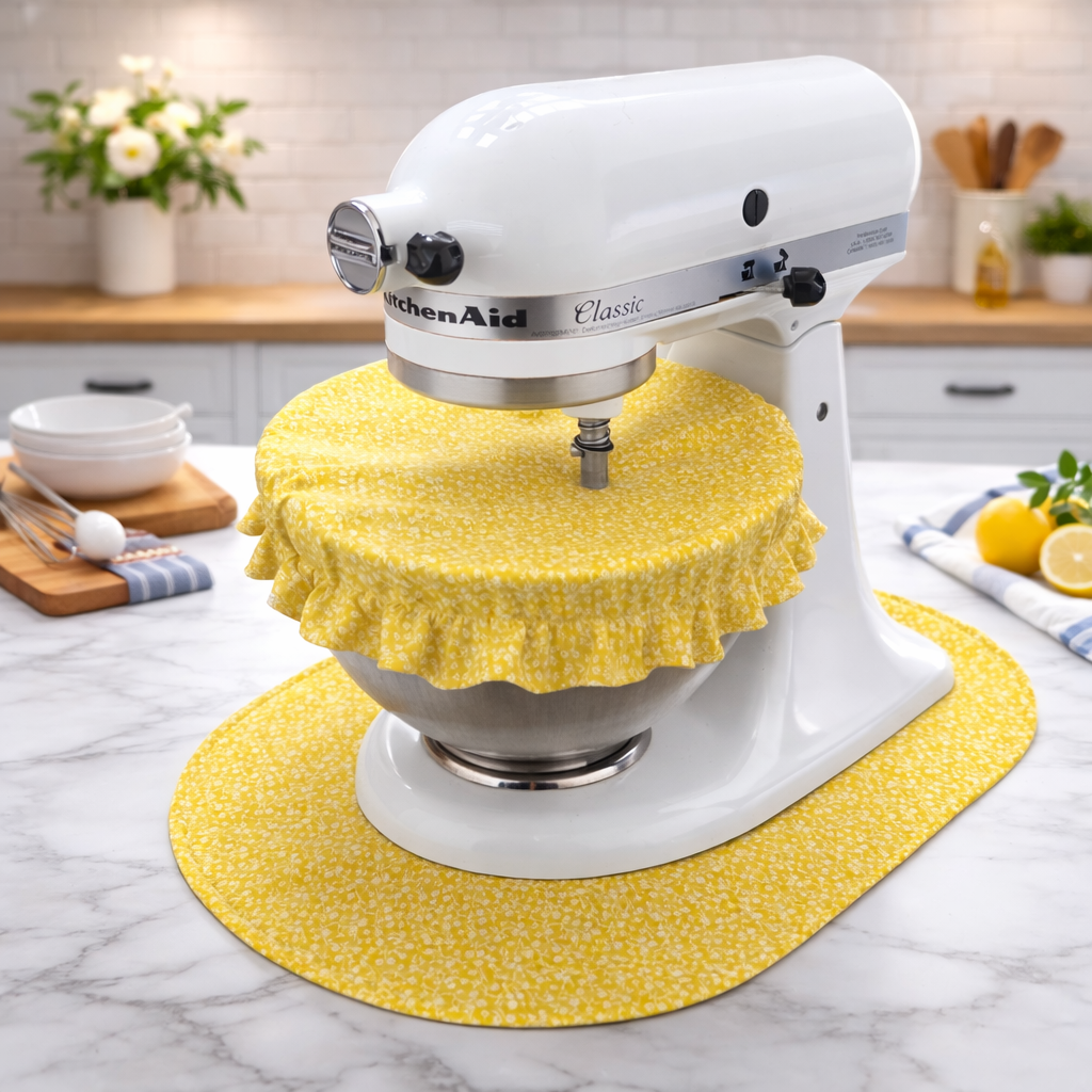 Yellow Floral Reversible Stand Mixer Sliding Mat and Bowl Cover Set