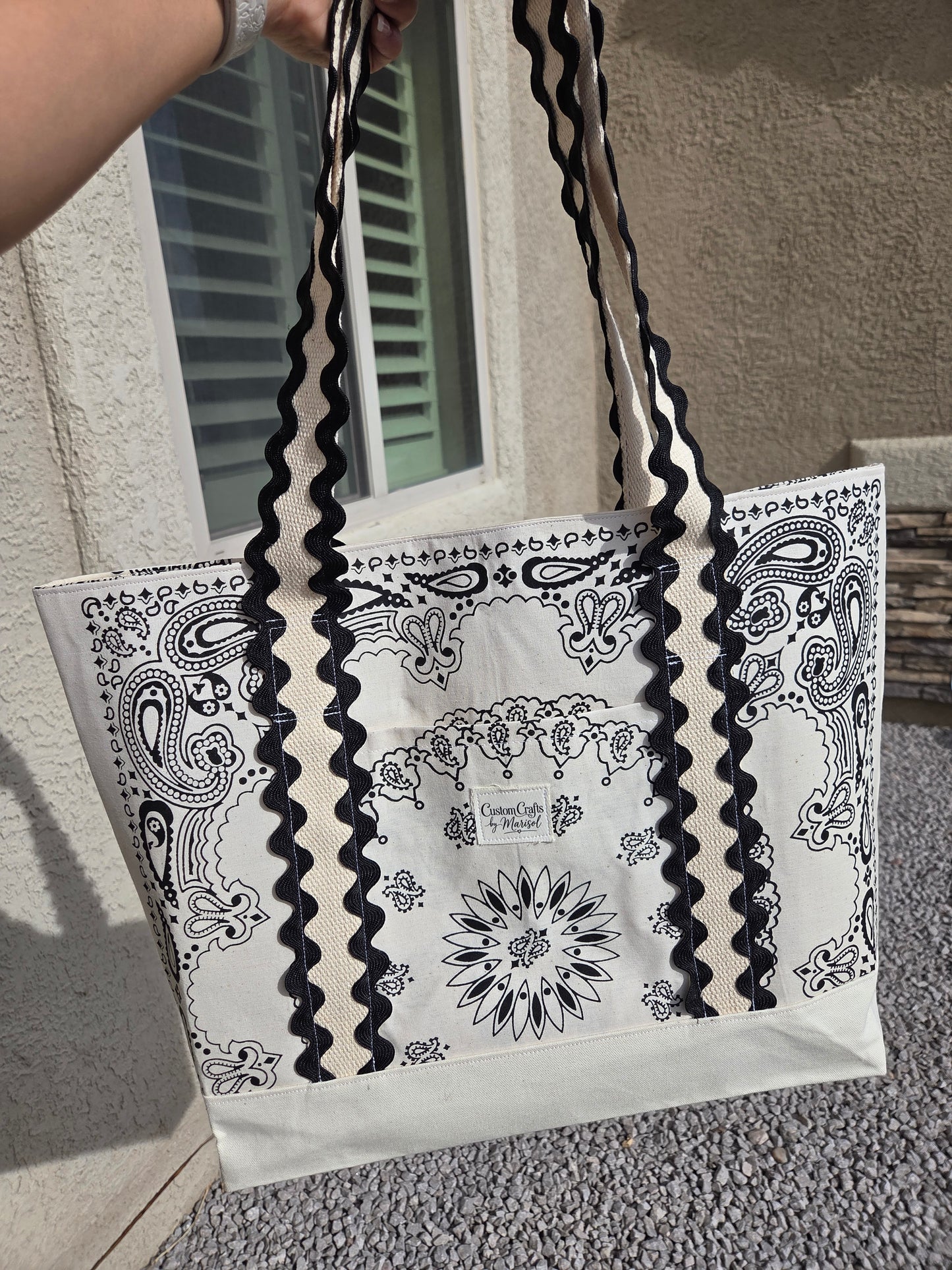 Beige and Black Bandana Tote Bag
