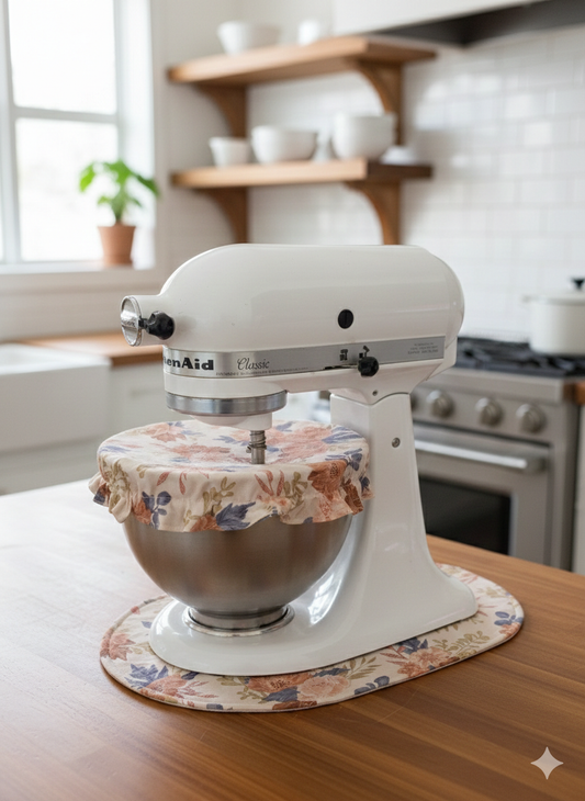 Floral and Blue Reversible Stand Mixer Sliding Mat and Bowl Cover Set