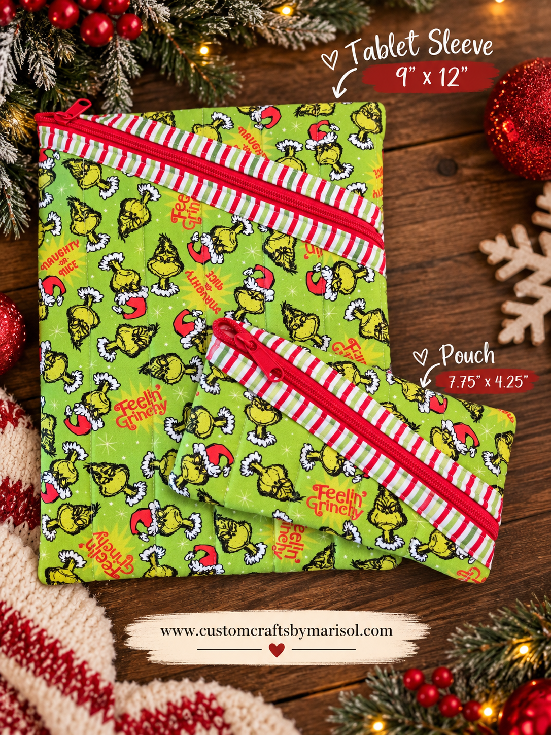 Grinch Tablet Sleeve and Zipper Pouch Set