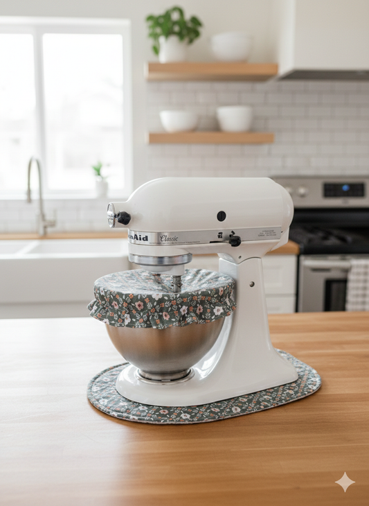 Green Floral Reversible Stand Mixer Sliding Mat and Bowl Cover Set
