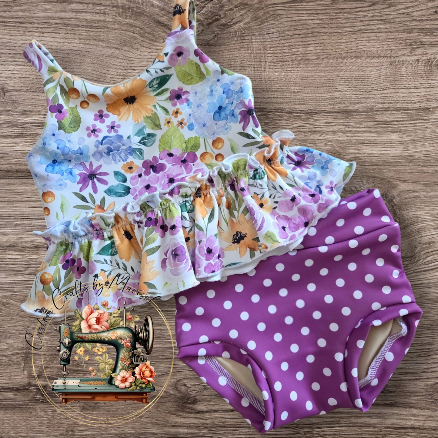 Purple dot and floral ruffle swim set 9-12m