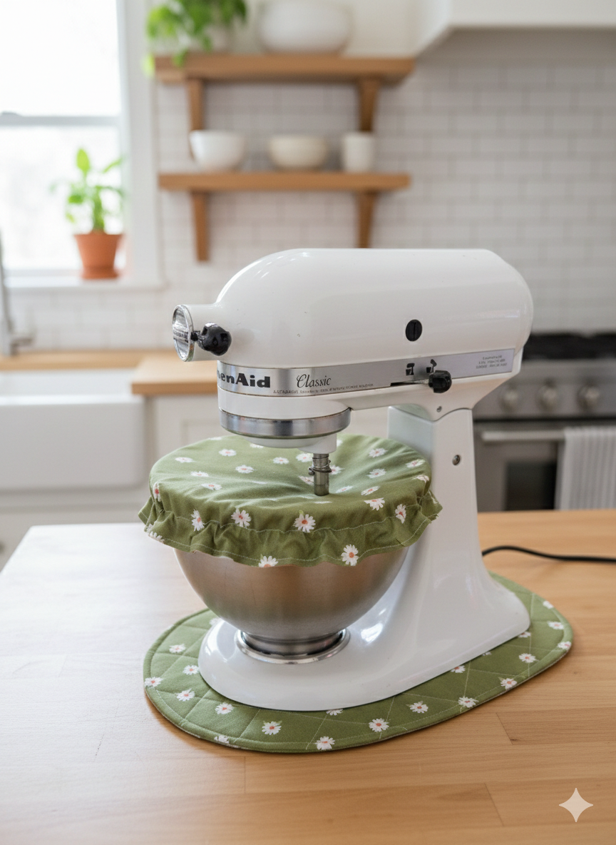 Green Floral and Stripes Reversible Stand Mixer Sliding Mat and Bowl Cover Set