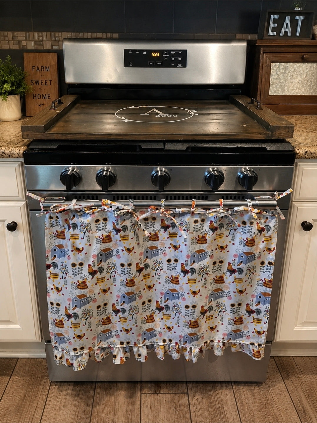 Colorful Chicken Coop and Sunflower Farm Oven Skirt