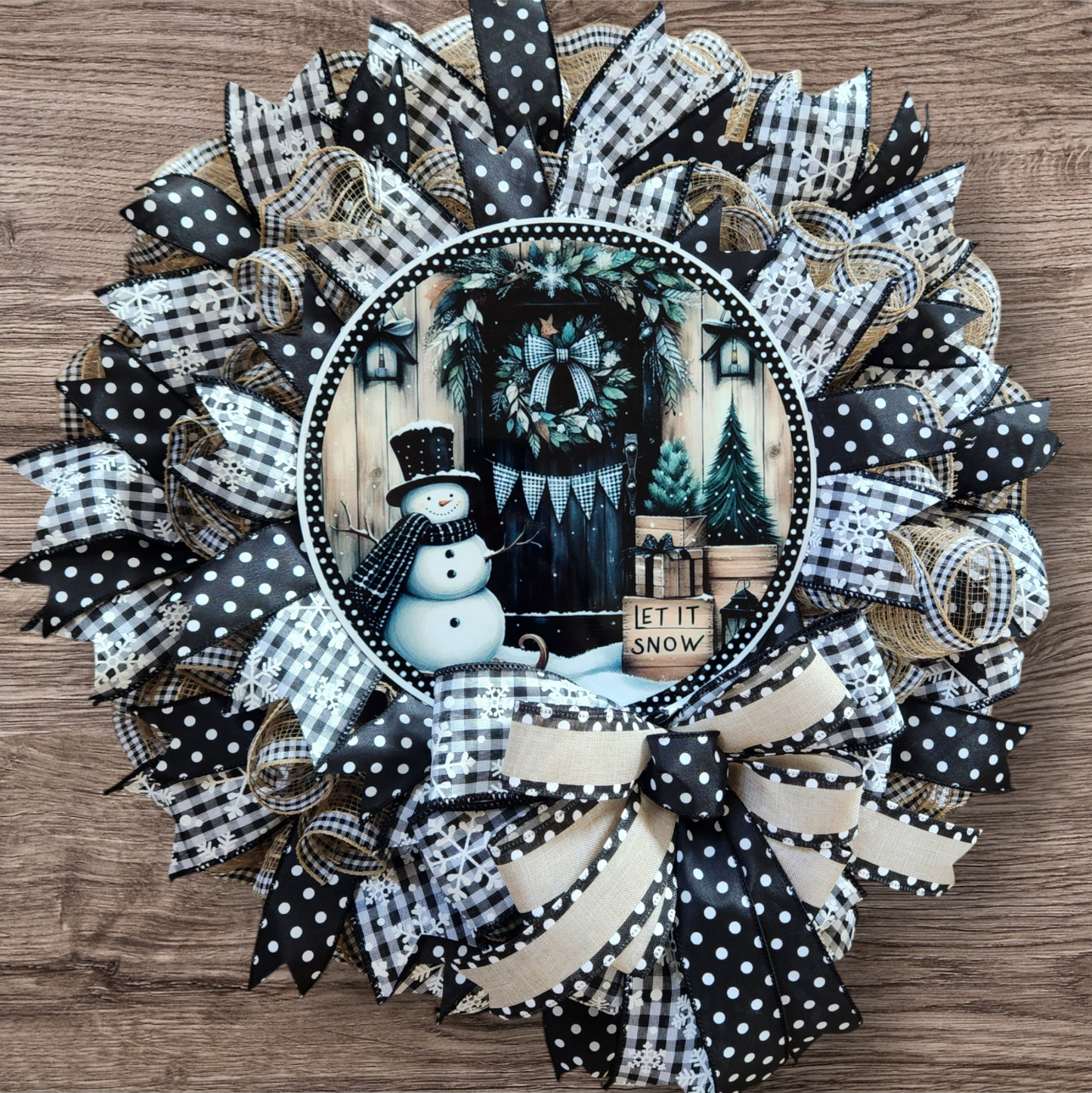 Black and Tan Winter Snowman Wreath